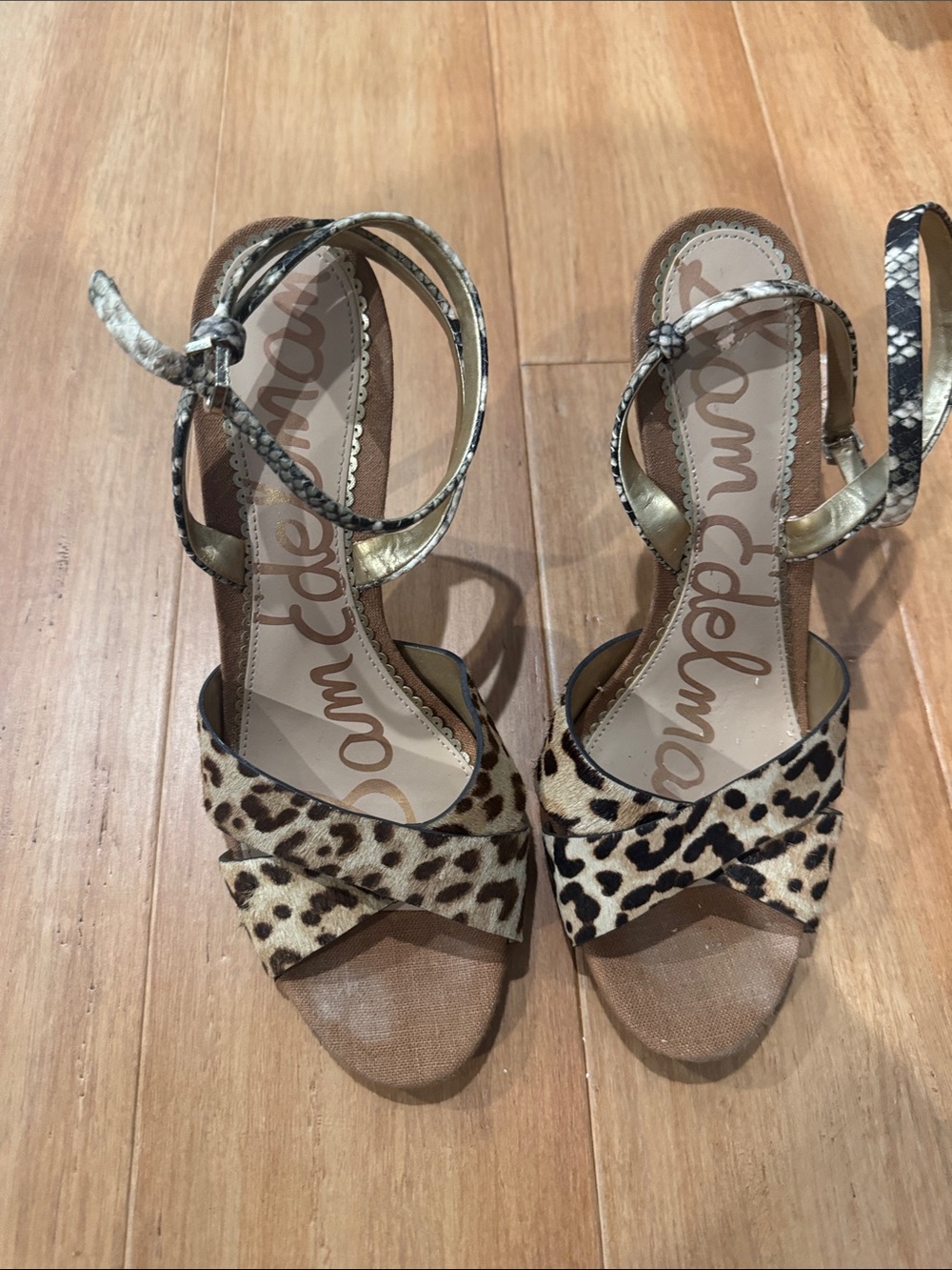 Sam Edelman Leopard & Snake-Print Ankle-Strap Heels in Brown and Gold